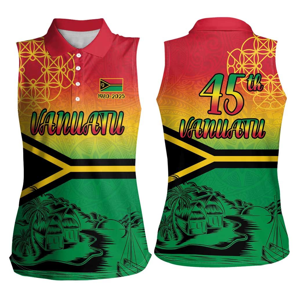 Hapi 45th Indipendens Dei Vanuatu Women Sleeveless Polo Shirt Yumi 1980 with Vanuatuan Beach Landscape