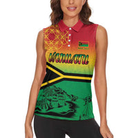 Hapi 45th Indipendens Dei Vanuatu Women Sleeveless Polo Shirt Yumi 1980 with Vanuatuan Beach Landscape