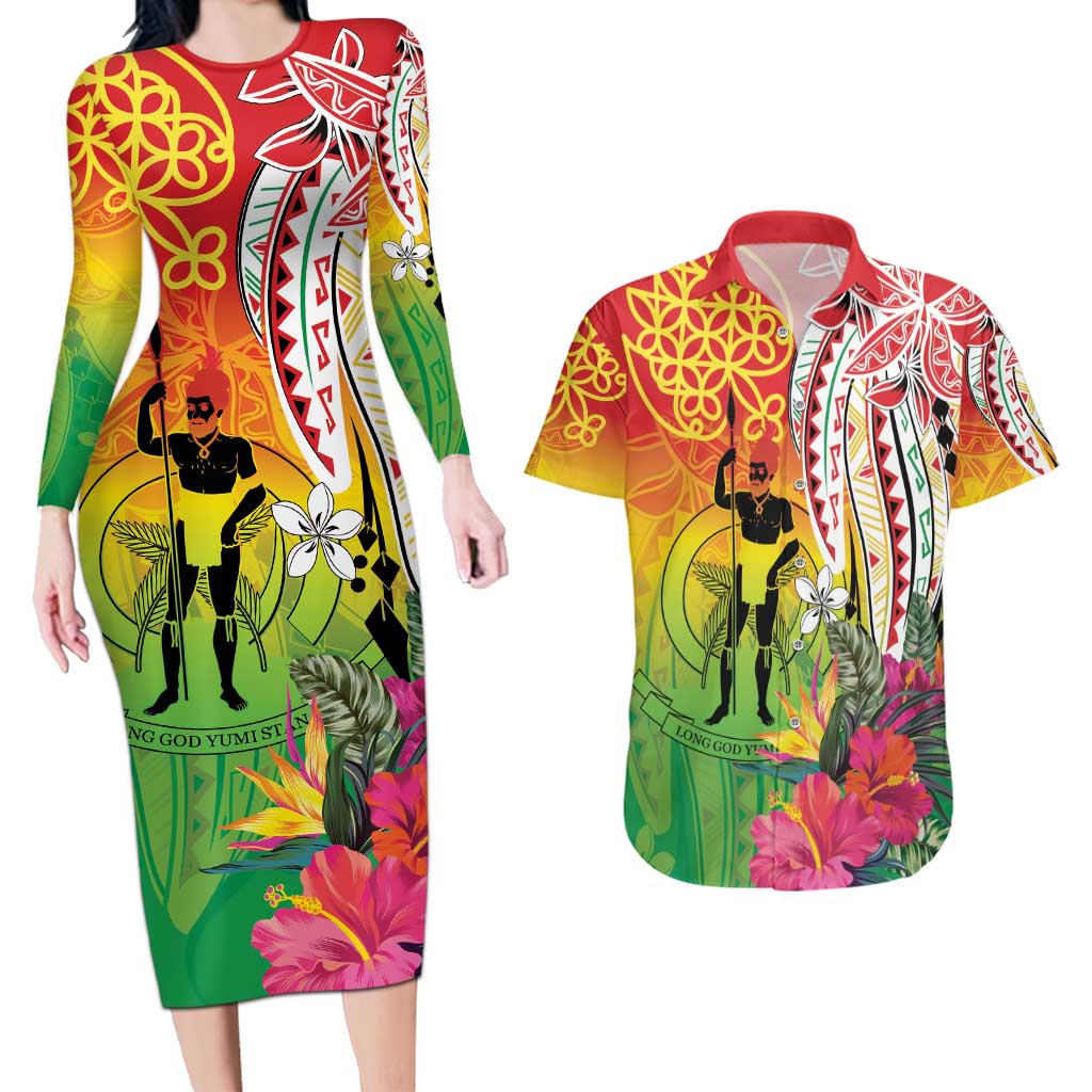 Vanuatu 45th Anniversary Couples Matching Long Sleeve Bodycon Dress and Hawaiian Shirt Polynesian with Sand Drawing Pattern