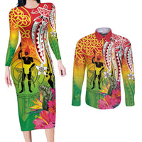 Vanuatu 45th Anniversary Couples Matching Long Sleeve Bodycon Dress and Long Sleeve Button Shirt Polynesian with Sand Drawing Pattern