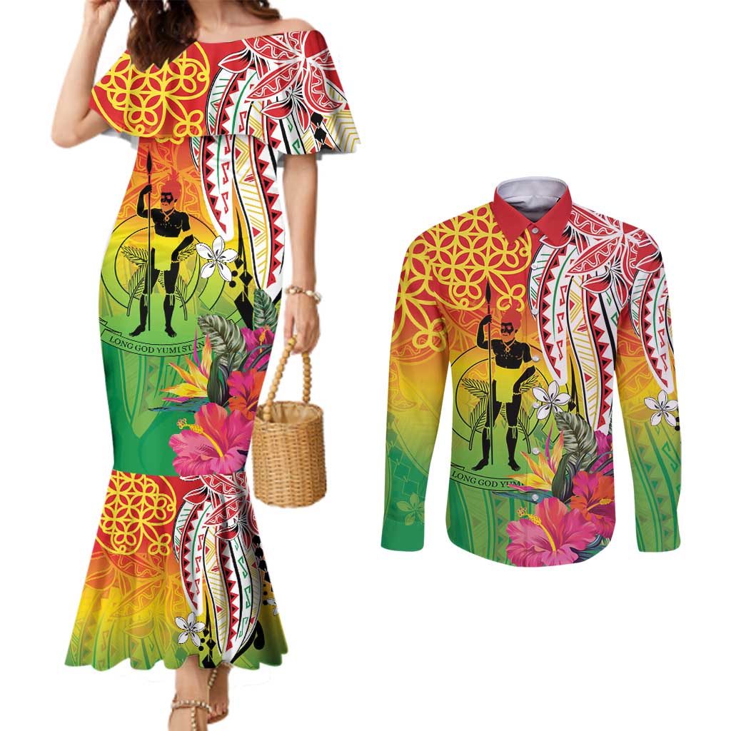 Vanuatu 45th Anniversary Couples Matching Mermaid Dress and Long Sleeve Button Shirt Polynesian with Sand Drawing Pattern