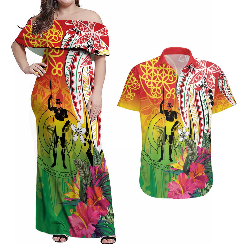 Vanuatu 45th Anniversary Couples Matching Off Shoulder Maxi Dress and Hawaiian Shirt Polynesian with Sand Drawing Pattern