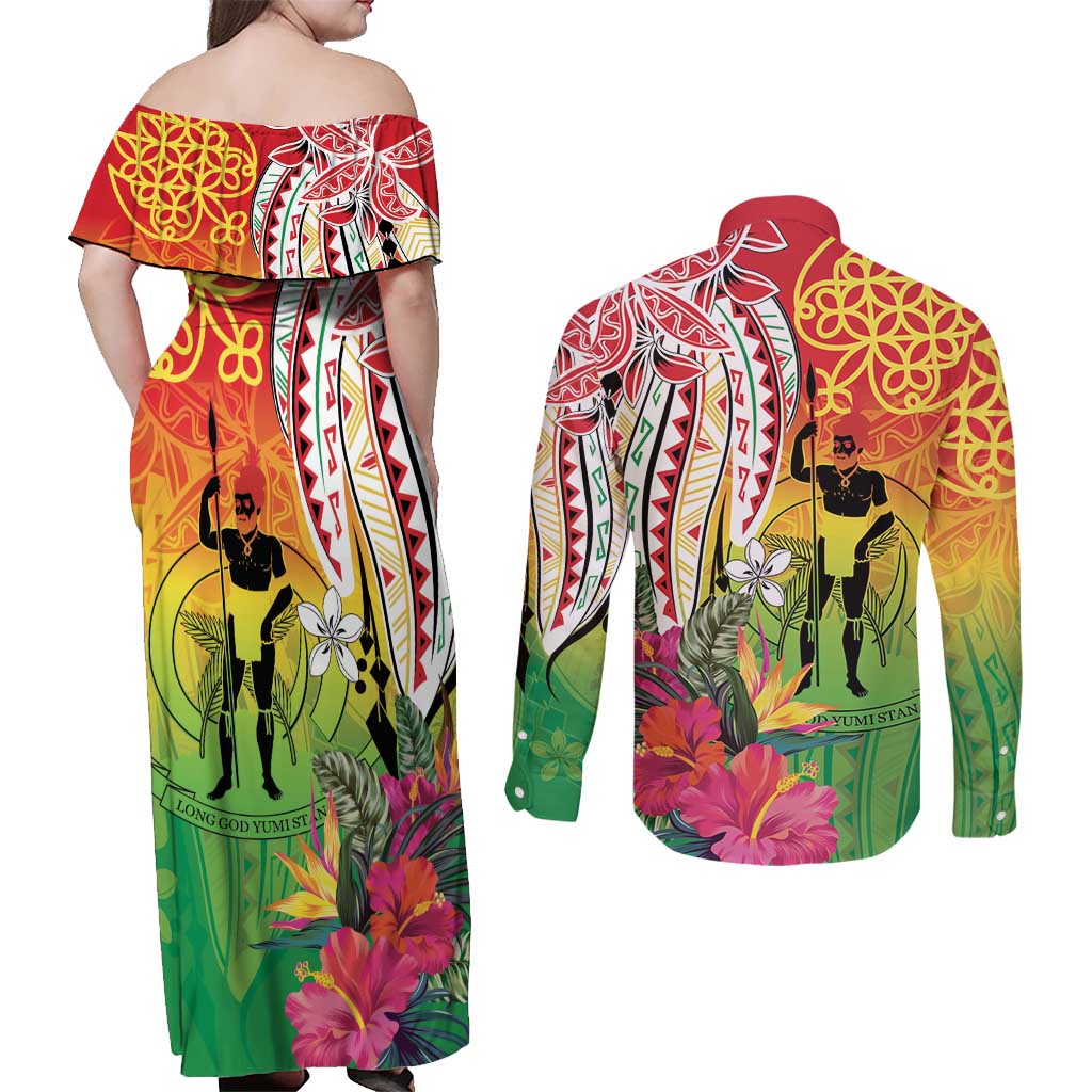 Vanuatu 45th Anniversary Couples Matching Off Shoulder Maxi Dress and Long Sleeve Button Shirt Polynesian with Sand Drawing Pattern