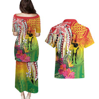 Vanuatu 45th Anniversary Couples Matching Puletasi and Hawaiian Shirt Polynesian with Sand Drawing Pattern