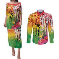 Vanuatu 45th Anniversary Couples Matching Puletasi and Long Sleeve Button Shirt Polynesian with Sand Drawing Pattern