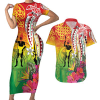 Vanuatu 45th Anniversary Couples Matching Short Sleeve Bodycon Dress and Hawaiian Shirt Polynesian with Sand Drawing Pattern