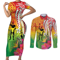 Vanuatu 45th Anniversary Couples Matching Short Sleeve Bodycon Dress and Long Sleeve Button Shirt Polynesian with Sand Drawing Pattern