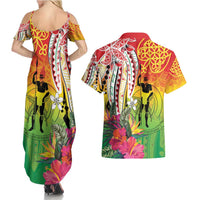 Vanuatu 45th Anniversary Couples Matching Summer Maxi Dress and Hawaiian Shirt Polynesian with Sand Drawing Pattern