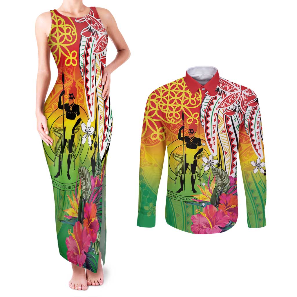Vanuatu 45th Anniversary Couples Matching Tank Maxi Dress and Long Sleeve Button Shirt Polynesian with Sand Drawing Pattern