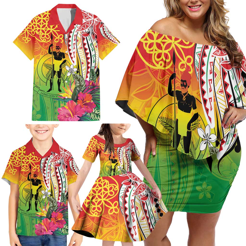 Vanuatu 45th Anniversary Family Matching Off Shoulder Short Dress and Hawaiian Shirt Polynesian with Sand Drawing Pattern