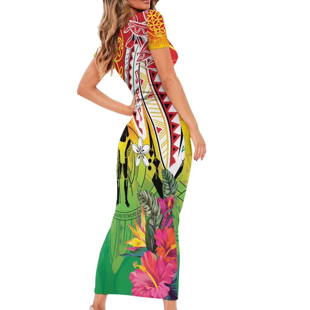 Vanuatu 45th Anniversary Family Matching Short Sleeve Bodycon Dress and Hawaiian Shirt Polynesian with Sand Drawing Pattern