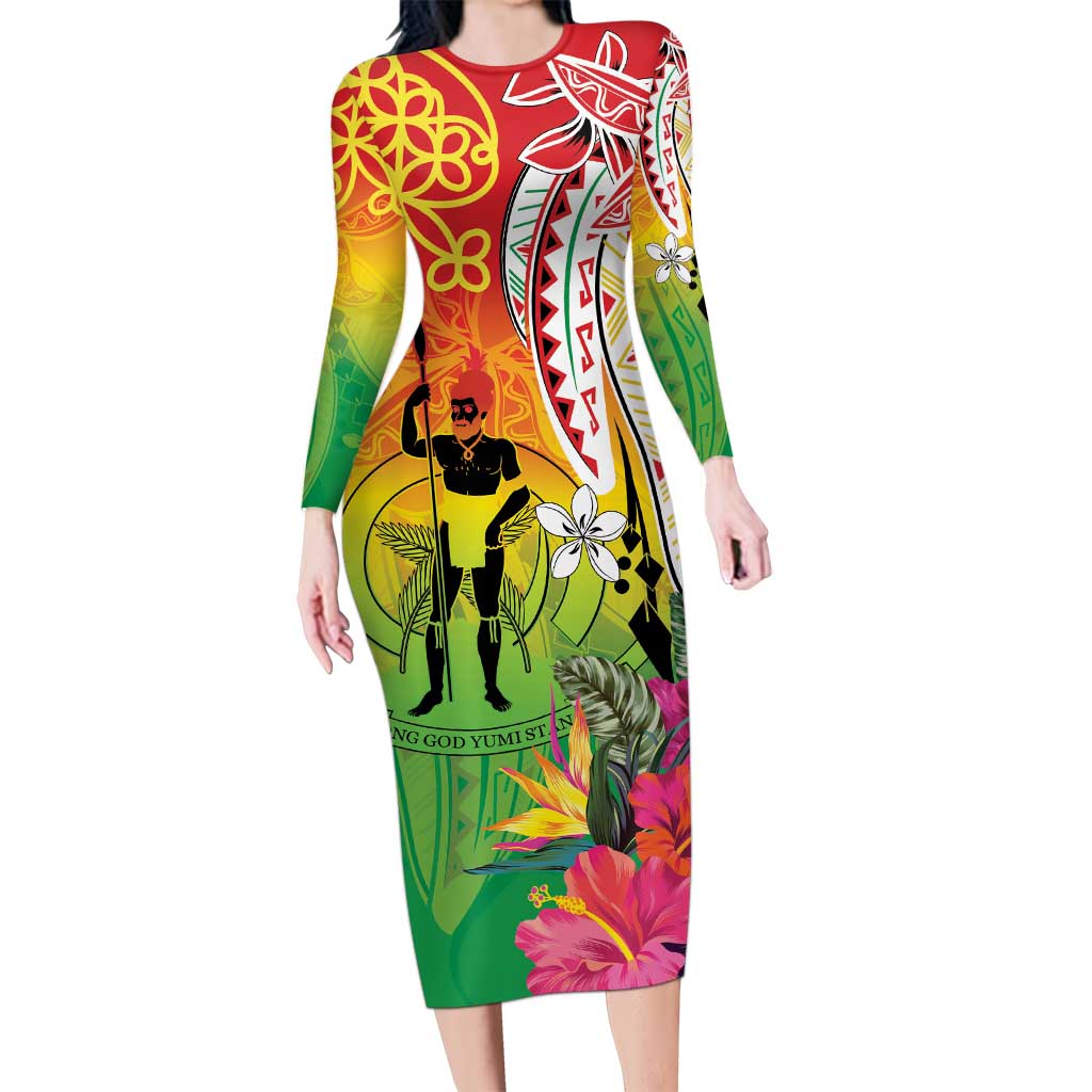 Vanuatu 45th Anniversary Long Sleeve Bodycon Dress Polynesian with Sand Drawing Pattern