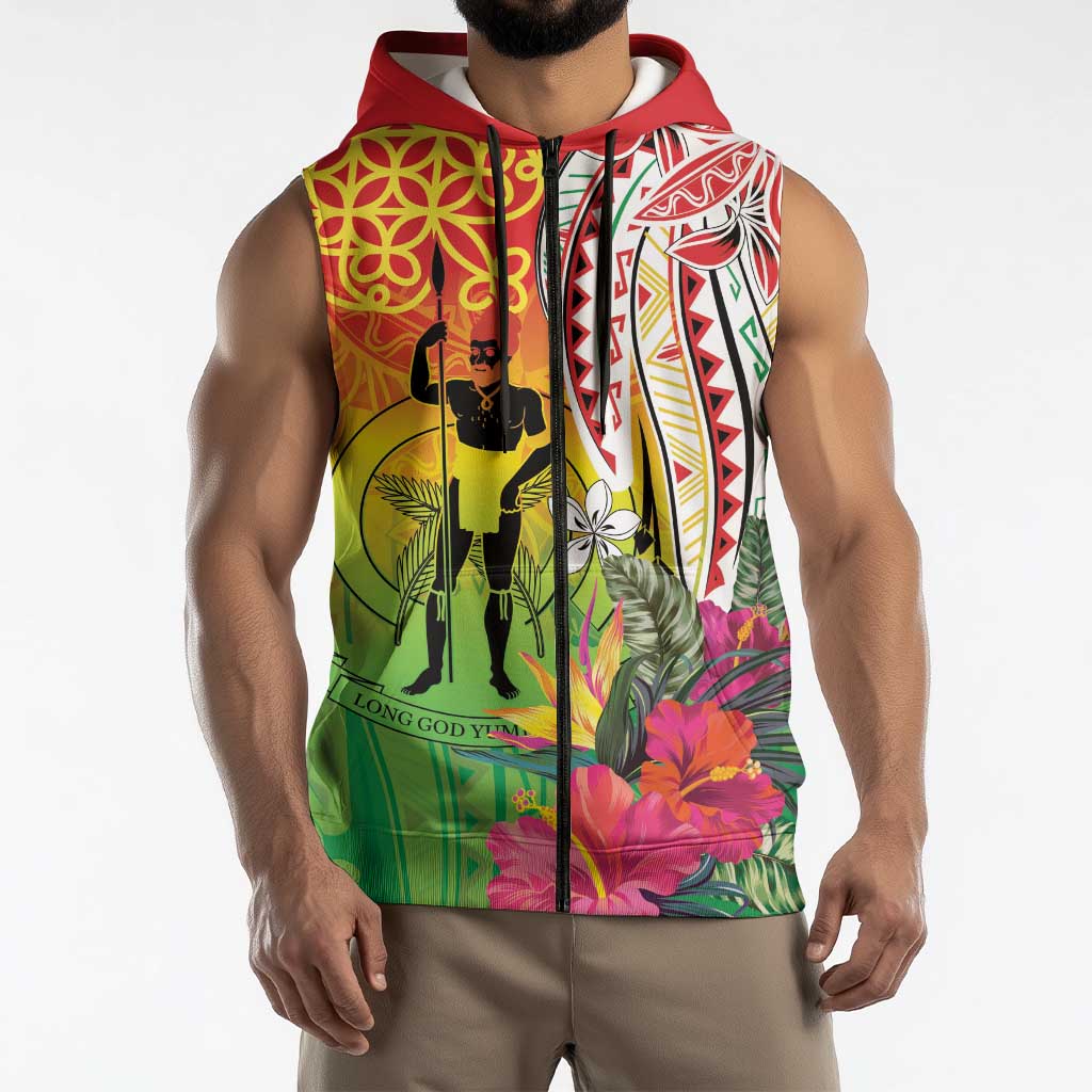 Vanuatu 45th Anniversary Sleeveless Zip Hoodie Polynesian with Sand Drawing Pattern - Polynesian Pride