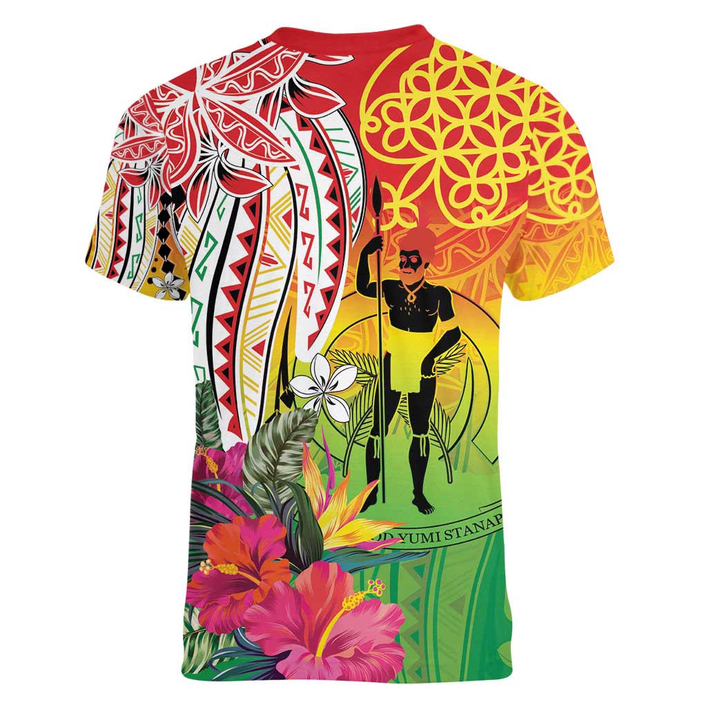 Vanuatu 45th Anniversary Women V-Neck T-Shirt Polynesian with Sand Drawing Pattern