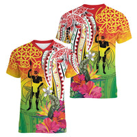 Vanuatu 45th Anniversary Women V-Neck T-Shirt Polynesian with Sand Drawing Pattern