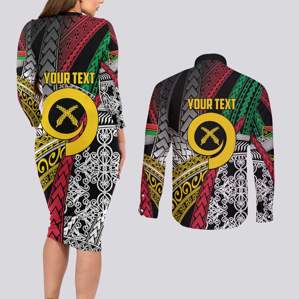 Vanuatu Proud to be Ni-van Personalised Couples Matching Long Sleeve Bodycon Dress and Long Sleeve Button Shirt with Mutis En Atan Patterns