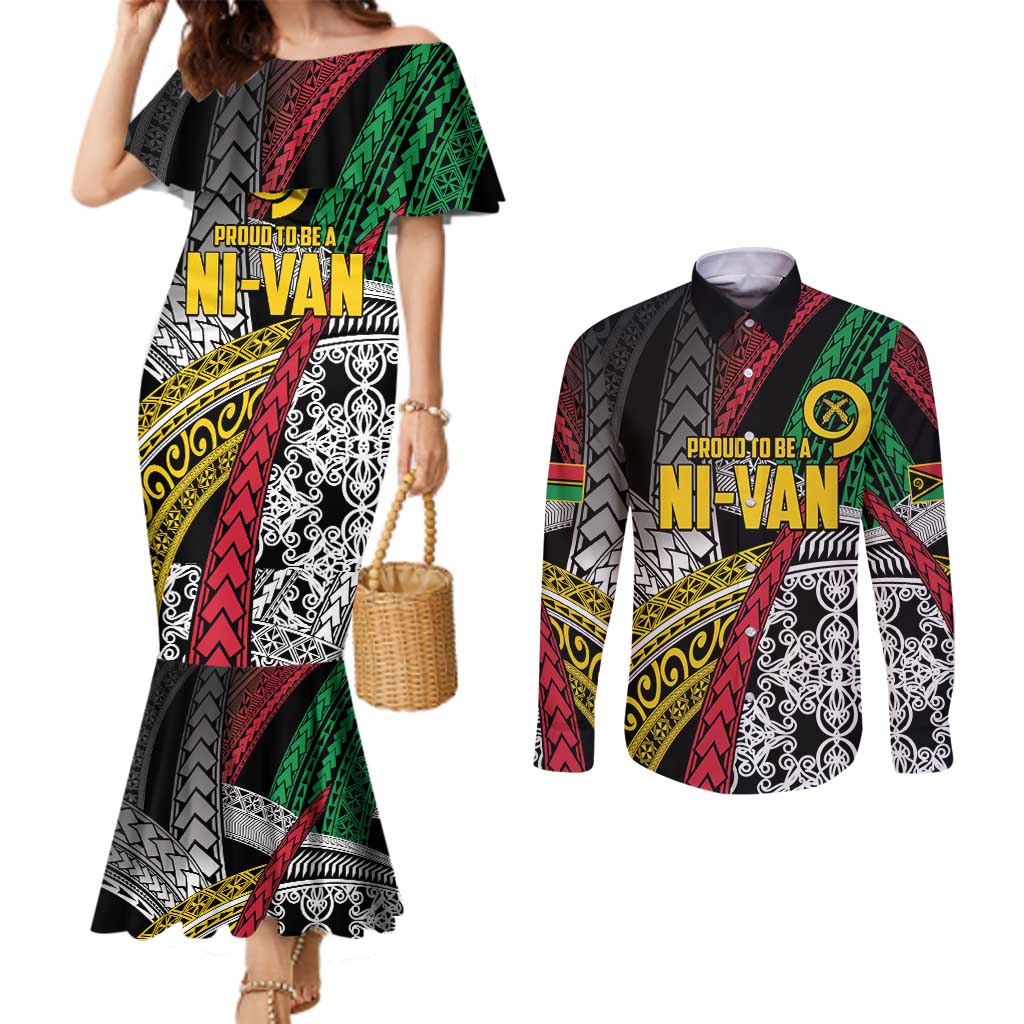 Vanuatu Proud to be Ni-van Personalised Couples Matching Mermaid Dress and Long Sleeve Button Shirt with Mutis En Atan Patterns