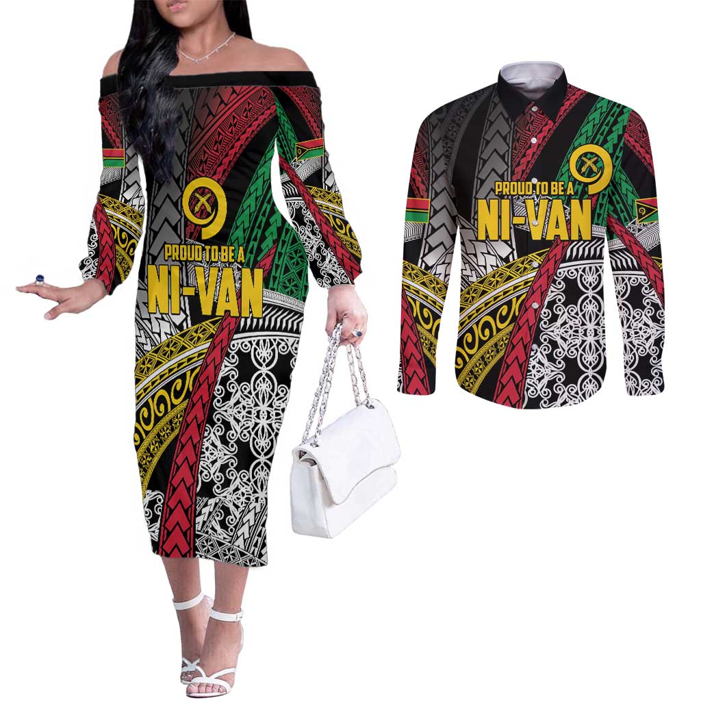 Vanuatu Proud to be Ni-van Personalised Couples Matching Off The Shoulder Long Sleeve Dress and Long Sleeve Button Shirt with Mutis En Atan Patterns