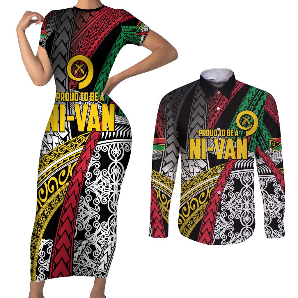Vanuatu Proud to be Ni-van Personalised Couples Matching Short Sleeve Bodycon Dress and Long Sleeve Button Shirt with Mutis En Atan Patterns