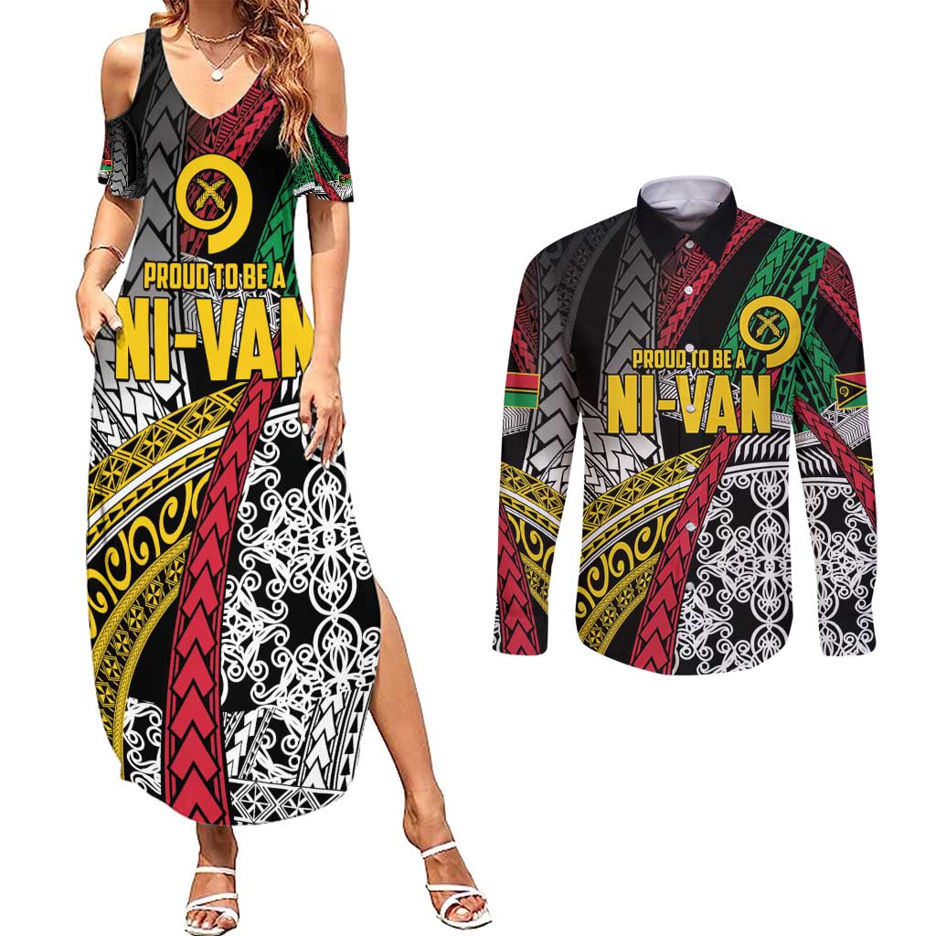 Vanuatu Proud to be Ni-van Personalised Couples Matching Summer Maxi Dress and Long Sleeve Button Shirt with Mutis En Atan Patterns