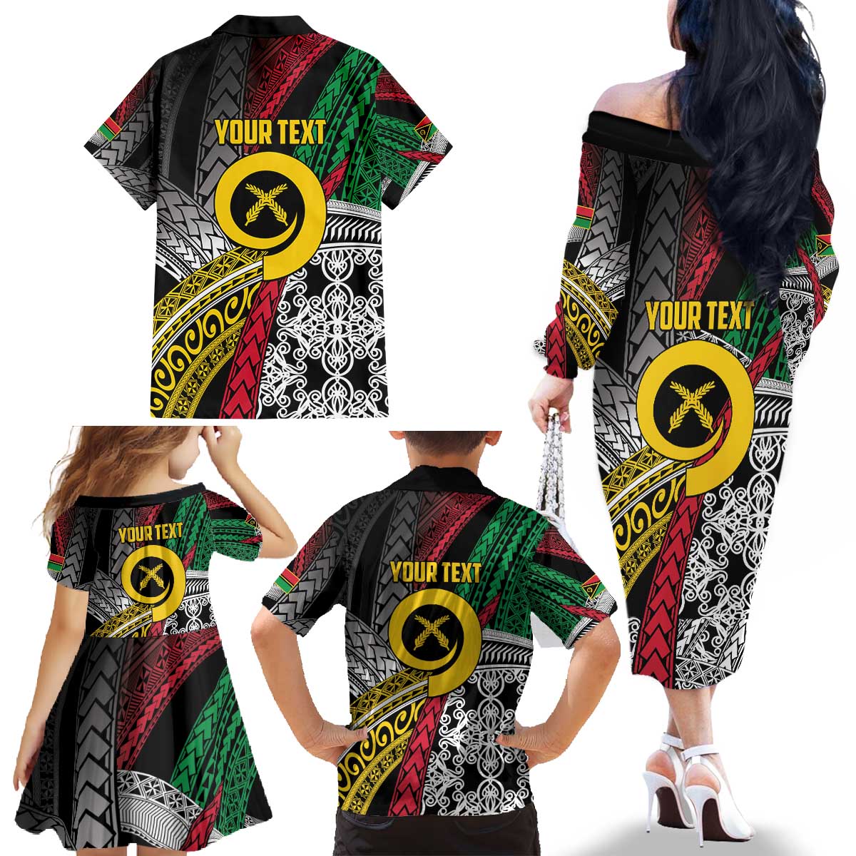 Vanuatu Proud to be Ni-van Personalised Family Matching Off The Shoulder Long Sleeve Dress and Hawaiian Shirt with Mutis En Atan Patterns