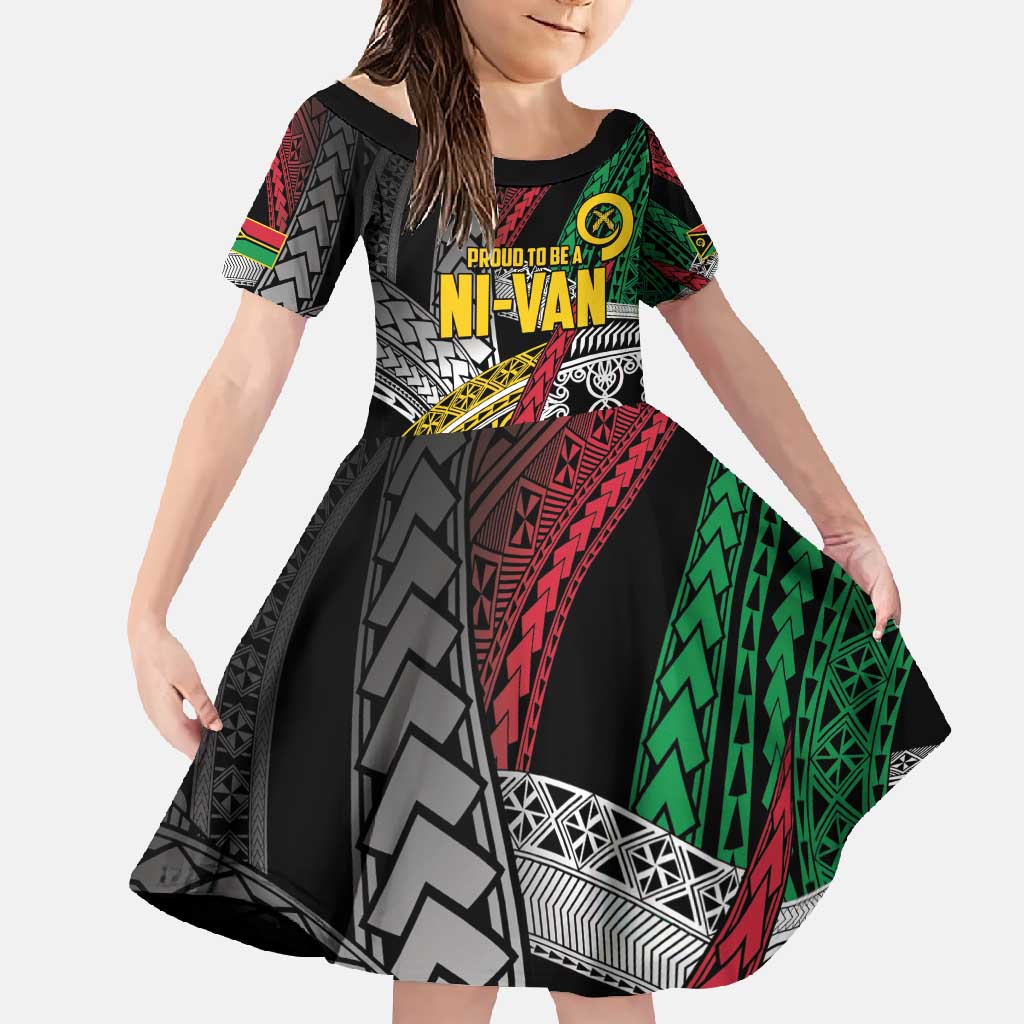Vanuatu Proud to be Ni-van Personalised Family Matching Short Sleeve Bodycon Dress and Hawaiian Shirt with Mutis En Atan Patterns LT9 Daughter's Dress Black - Polynesian Pride