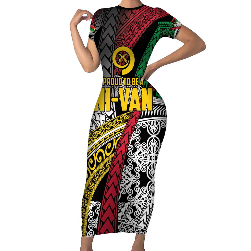 Vanuatu Proud to be Ni-van Personalised Family Matching Short Sleeve Bodycon Dress and Hawaiian Shirt with Mutis En Atan Patterns LT9 Mom's Dress Black - Polynesian Pride