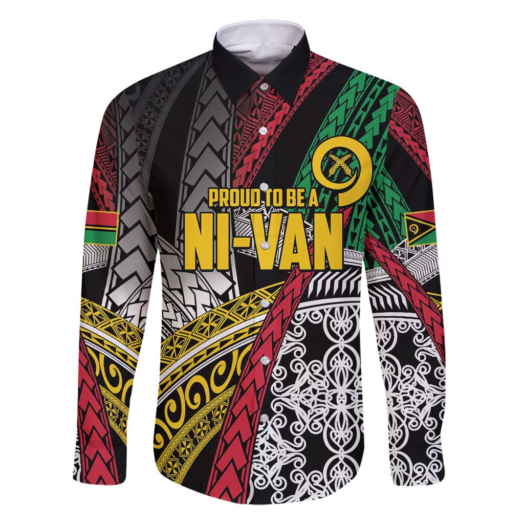 Vanuatu Proud to be Ni-van Personalised Family Matching Tank Maxi Dress and Hawaiian Shirt with Mutis En Atan Patterns LT9 Dad's Shirt - Long Sleeve Black - Polynesian Pride
