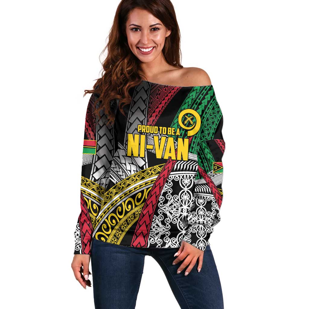 Vanuatu Proud to be Ni-van Personalised Off Shoulder Sweater with Mutis En Atan Patterns