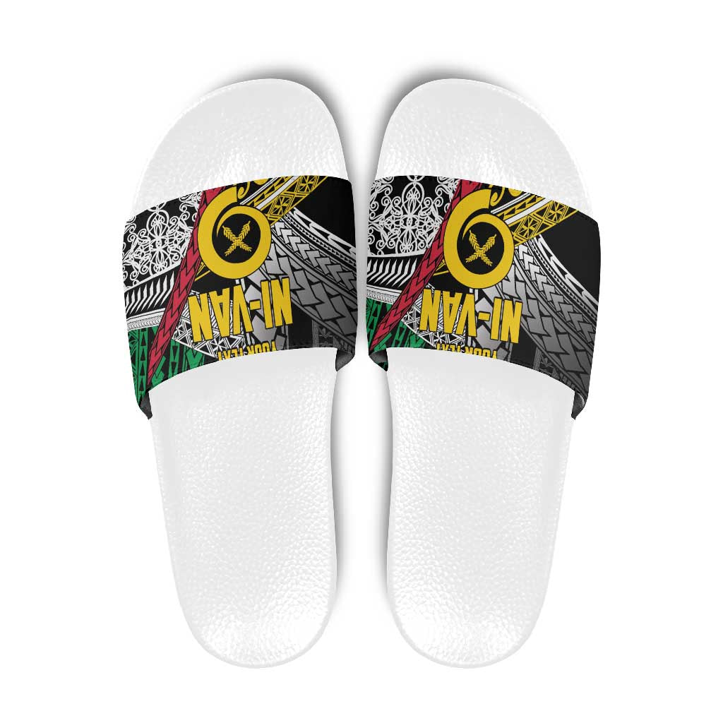 Vanuatu Proud to be Ni-van Personalised Slide Sandals with Mutis En Atan Patterns - Polynesian Pride