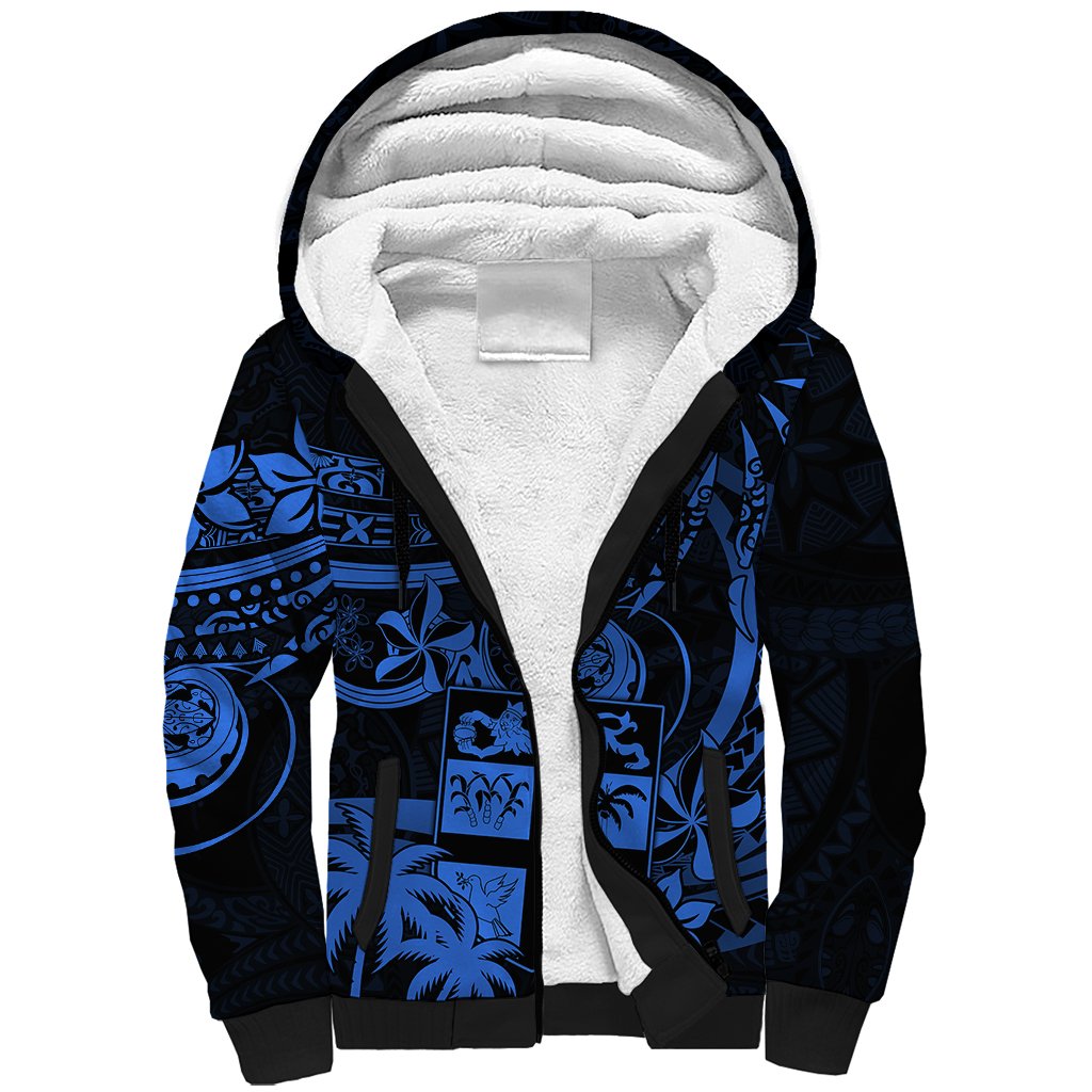 Fiji Islands Sherpa Hoodie Coat of Arms Fijian Flower Polynesian Pattern - Blue LT9 Unisex Blue - Polynesian Pride