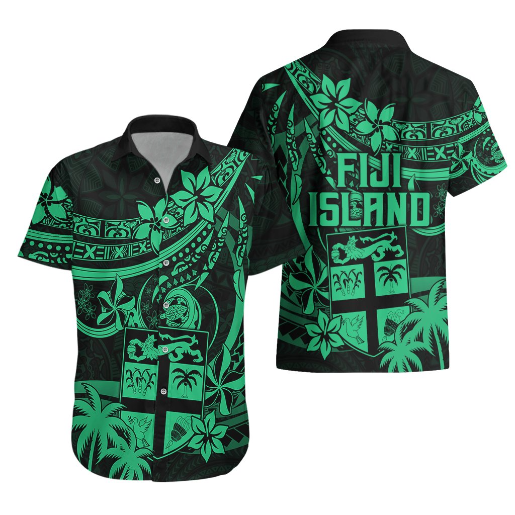 Fiji Islands Hawaiian Shirt Coat of Arms Fijian Flower Polynesian Pattern - Green LT9 - Polynesian Pride