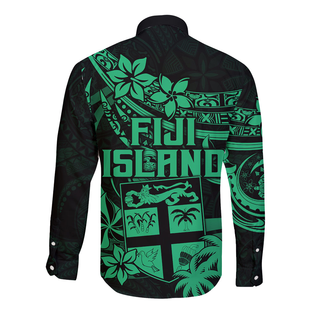 Fiji Islands Long Sleeve Button Shirt Coat of Arms Fijian Flower Polynesian Pattern - Green LT9 - Polynesian Pride