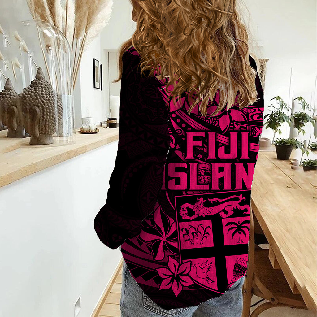 Fiji Islands Women Casual Shirt Coat of Arms Fijian Flower Polynesian Pattern - Pink LT9 - Polynesian Pride