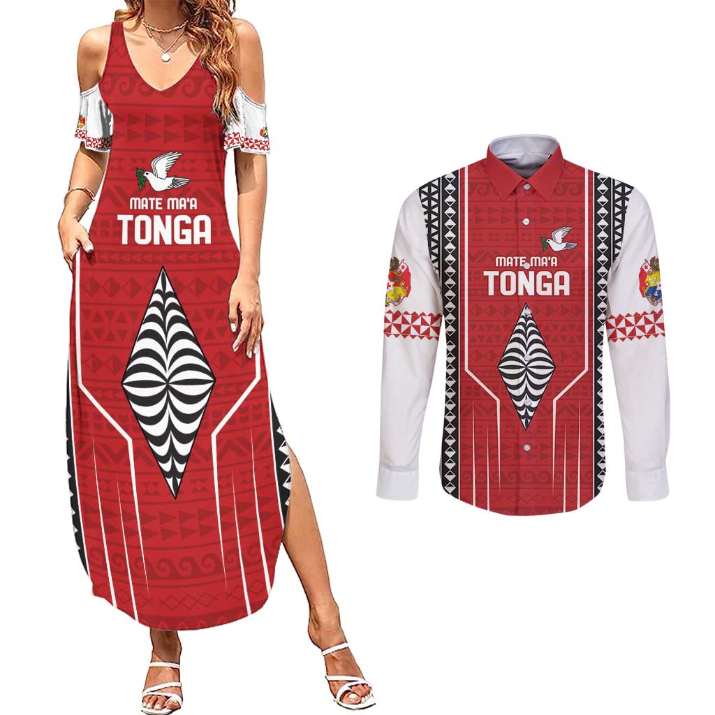 Custom Tonga Rugby Couples Matching Summer Maxi Dress and Long Sleeve Button Shirt Mate Maa Kupesi Style LT9 Red - Polynesian Pride