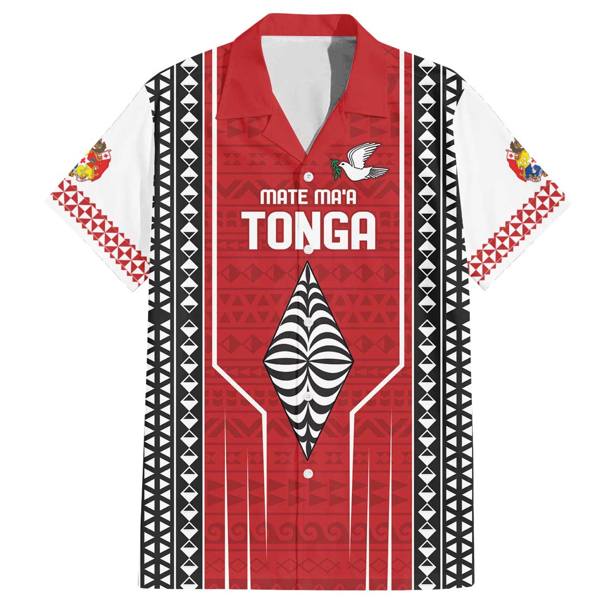 Custom Tonga Rugby Family Matching Off The Shoulder Long Sleeve Dress and Hawaiian Shirt Mate Maa Kupesi Style LT9 Dad's Shirt - Short Sleeve Red - Polynesian Pride