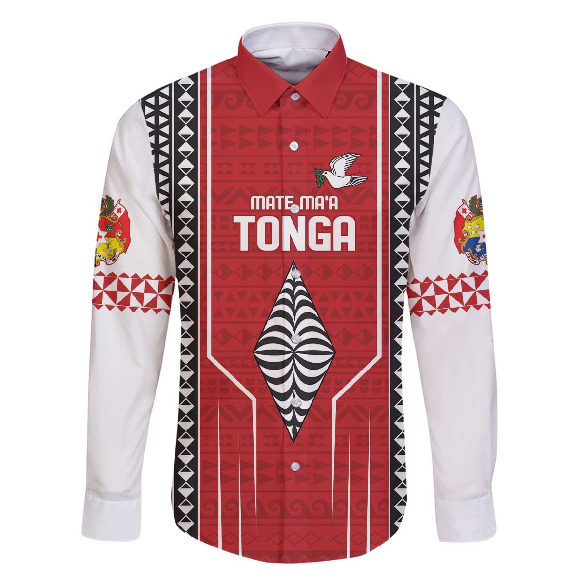 Custom Tonga Rugby Family Matching Off The Shoulder Long Sleeve Dress and Hawaiian Shirt Mate Maa Kupesi Style LT9 Dad's Shirt - Long Sleeve Red - Polynesian Pride