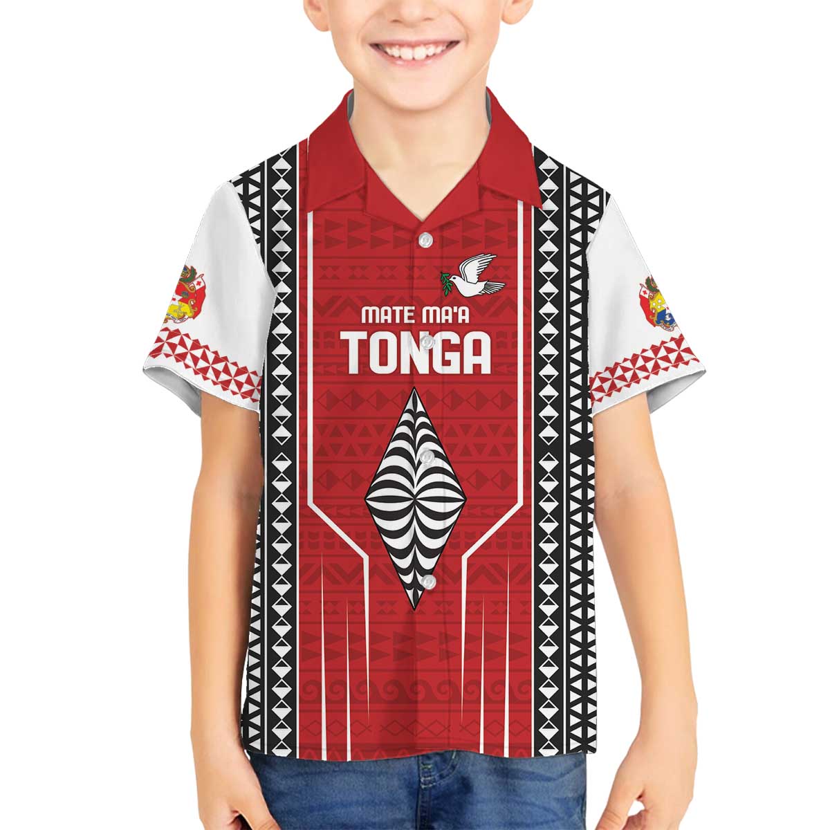 Custom Tonga Rugby Family Matching Off The Shoulder Long Sleeve Dress and Hawaiian Shirt Mate Maa Kupesi Style LT9 Son's Shirt Red - Polynesian Pride