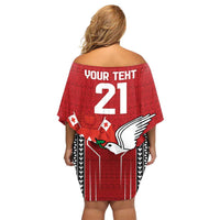 Custom Tonga Rugby Family Matching Off Shoulder Short Dress and Hawaiian Shirt Mate Maa Kupesi Style