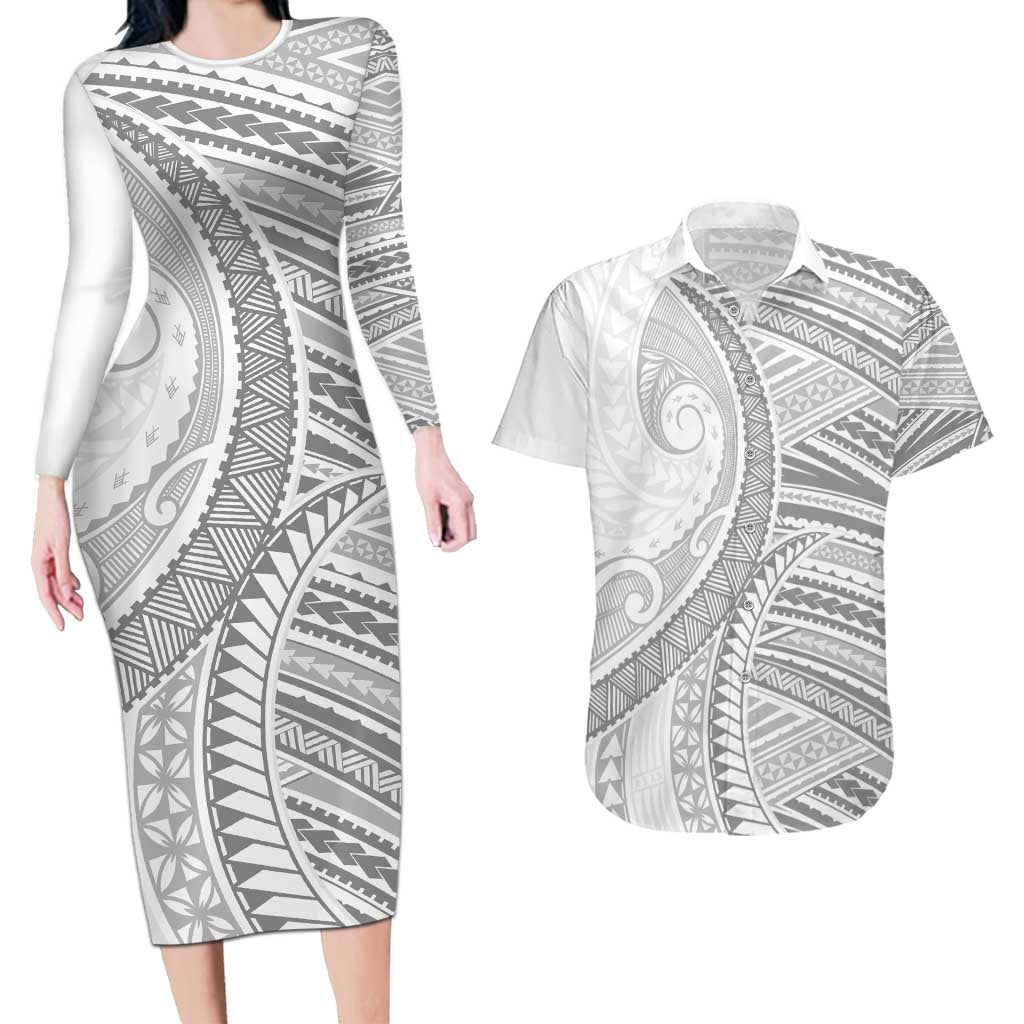 American Samoa White Sunday Couples Matching Long Sleeve Bodycon Dress and Hawaiian Shirt Polynesian Lotu Tamaiti LT9 White - Polynesian Pride