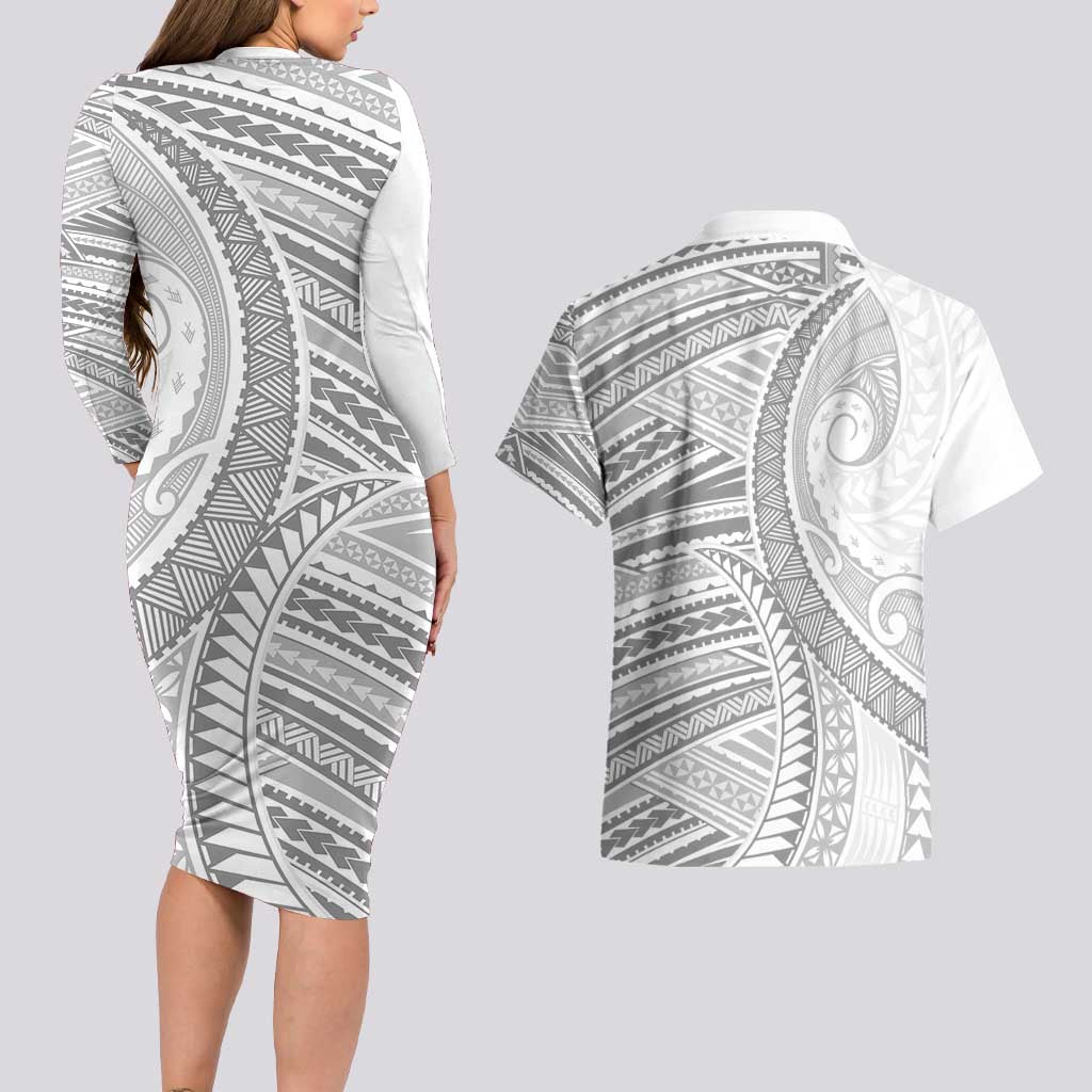 American Samoa White Sunday Couples Matching Long Sleeve Bodycon Dress and Hawaiian Shirt Polynesian Lotu Tamaiti LT9 - Polynesian Pride
