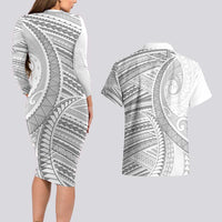 American Samoa White Sunday Couples Matching Long Sleeve Bodycon Dress and Hawaiian Shirt Polynesian Lotu Tamaiti LT9 - Polynesian Pride
