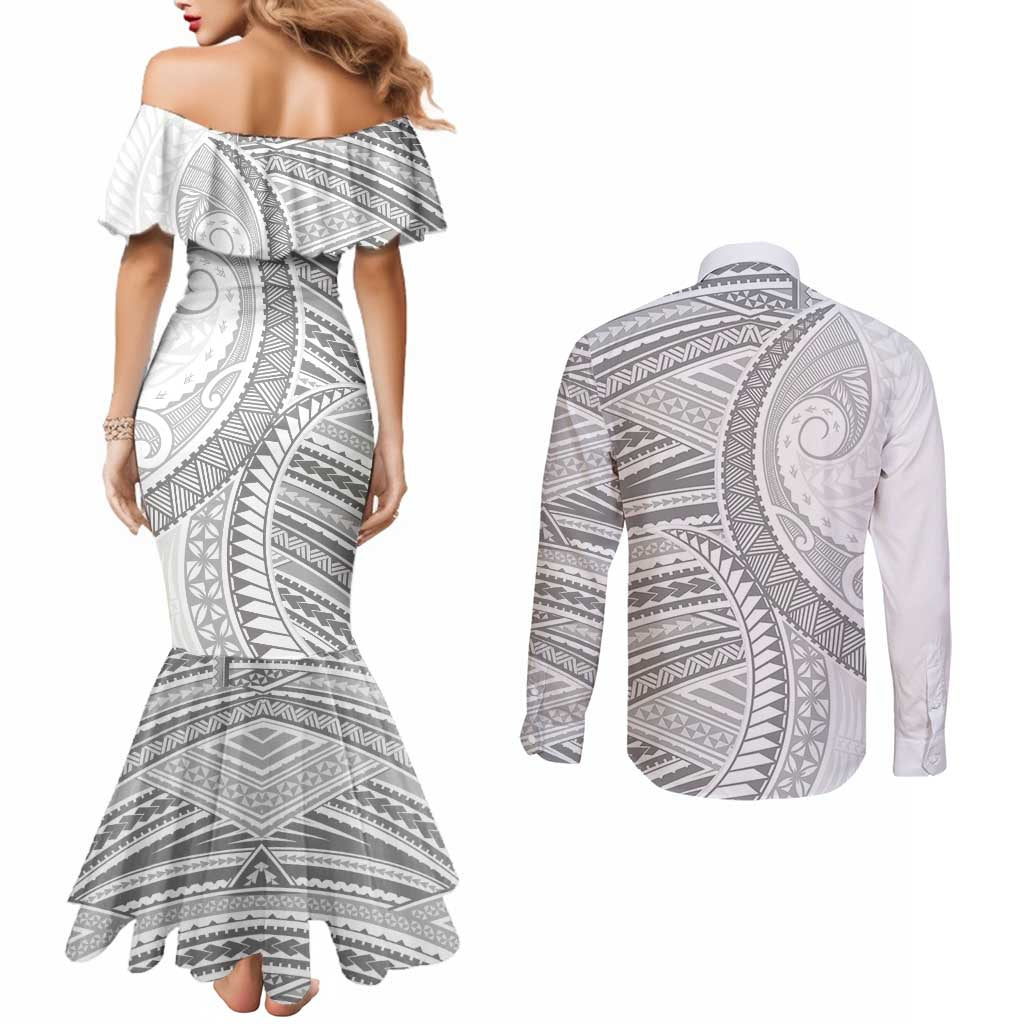 American Samoa White Sunday Couples Matching Mermaid Dress and Long Sleeve Button Shirt Polynesian Lotu Tamaiti - Polynesian Pride