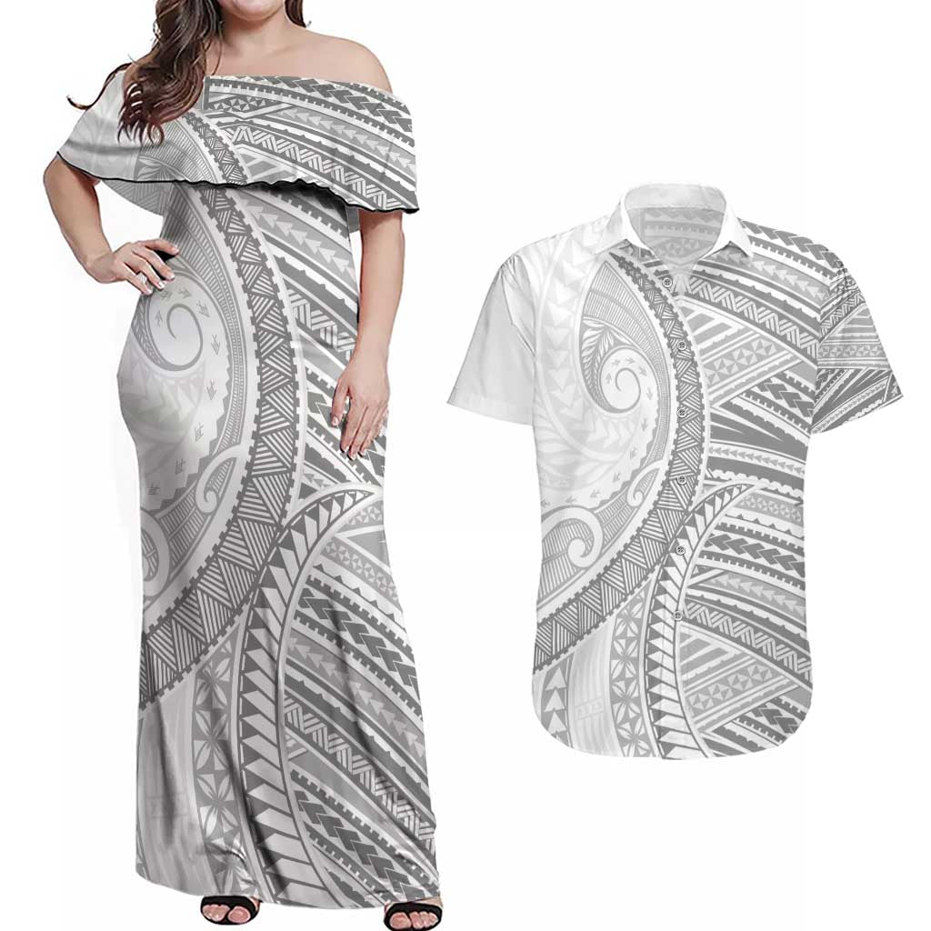 American Samoa White Sunday Couples Matching Off Shoulder Maxi Dress and Hawaiian Shirt Polynesian Lotu Tamaiti LT9 White - Polynesian Pride
