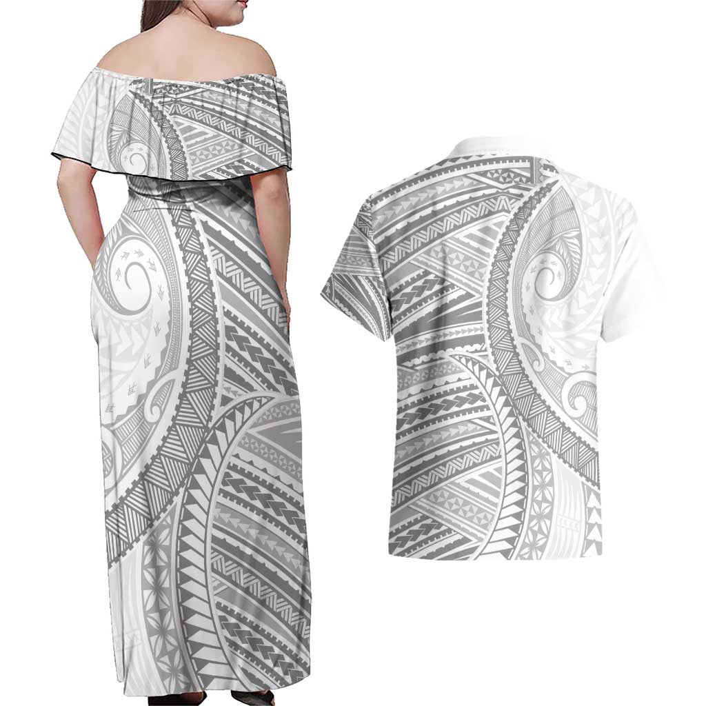 American Samoa White Sunday Couples Matching Off Shoulder Maxi Dress and Hawaiian Shirt Polynesian Lotu Tamaiti LT9 - Polynesian Pride