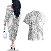 American Samoa White Sunday Couples Matching Off The Shoulder Long Sleeve Dress and Hawaiian Shirt Polynesian Lotu Tamaiti LT9 - Polynesian Pride