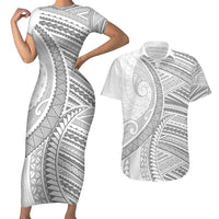 American Samoa White Sunday Couples Matching Short Sleeve Bodycon Dress and Hawaiian Shirt Polynesian Lotu Tamaiti LT9 White - Polynesian Pride