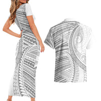 American Samoa White Sunday Couples Matching Short Sleeve Bodycon Dress and Hawaiian Shirt Polynesian Lotu Tamaiti LT9 - Polynesian Pride