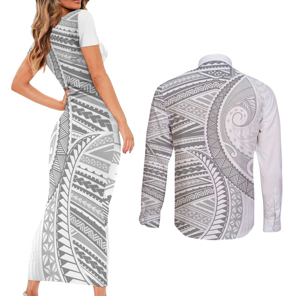 American Samoa White Sunday Couples Matching Short Sleeve Bodycon Dress and Long Sleeve Button Shirt Polynesian Lotu Tamaiti - Polynesian Pride