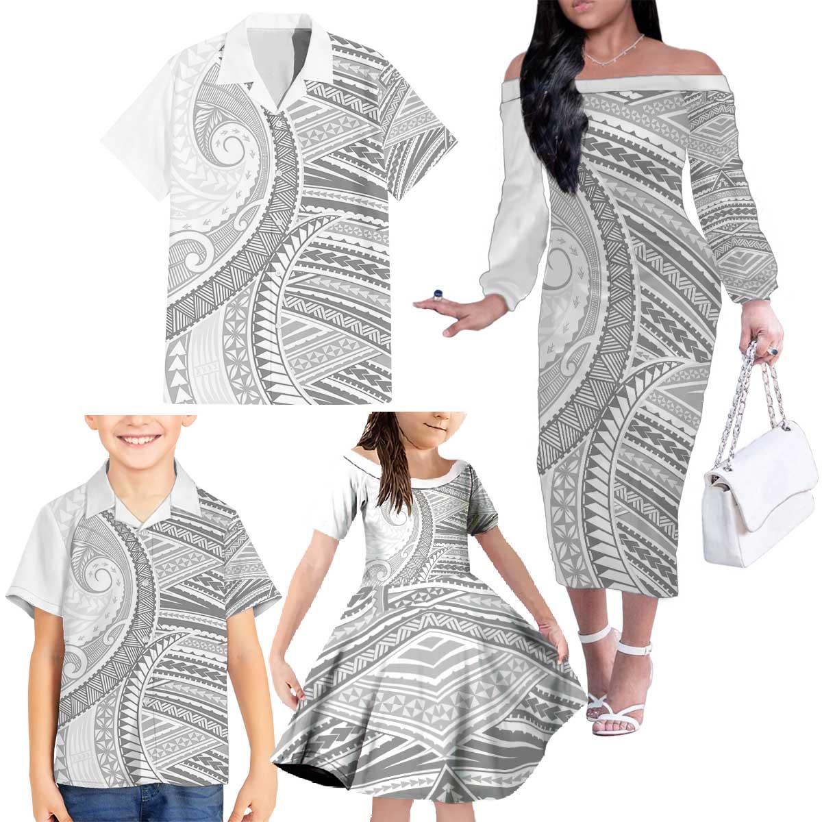 American Samoa White Sunday Family Matching Off The Shoulder Long Sleeve Dress and Hawaiian Shirt Polynesian Lotu Tamaiti LT9 - Polynesian Pride
